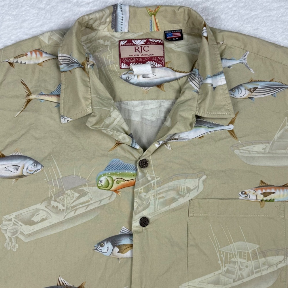 RJC Made in Hawaii Fishing‎ Boat Fish Print Button Up Shirt Mens XL